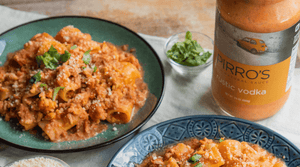 chicken rigatoni with a jar of Pirro's Vodka Sauce